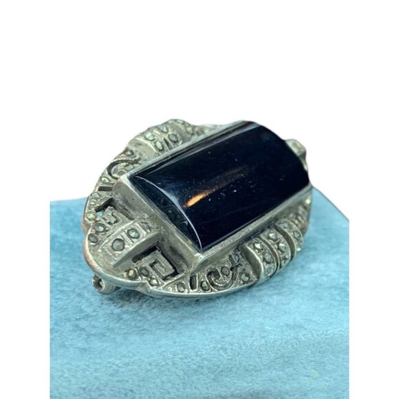 Sterling Silver Vintage Black Onyx Marcasite Cutout Brooch Pin